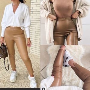 ZARA Camel Faux Leather High Rise Ankle Zip Leggings S
